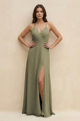 Thyme Halter Sheath Long Chiffon Bridesmaid Dress | KISSBRIDAL