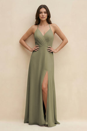 Thyme Halter Sheath Long Chiffon Bridesmaid Dress | KISSBRIDAL