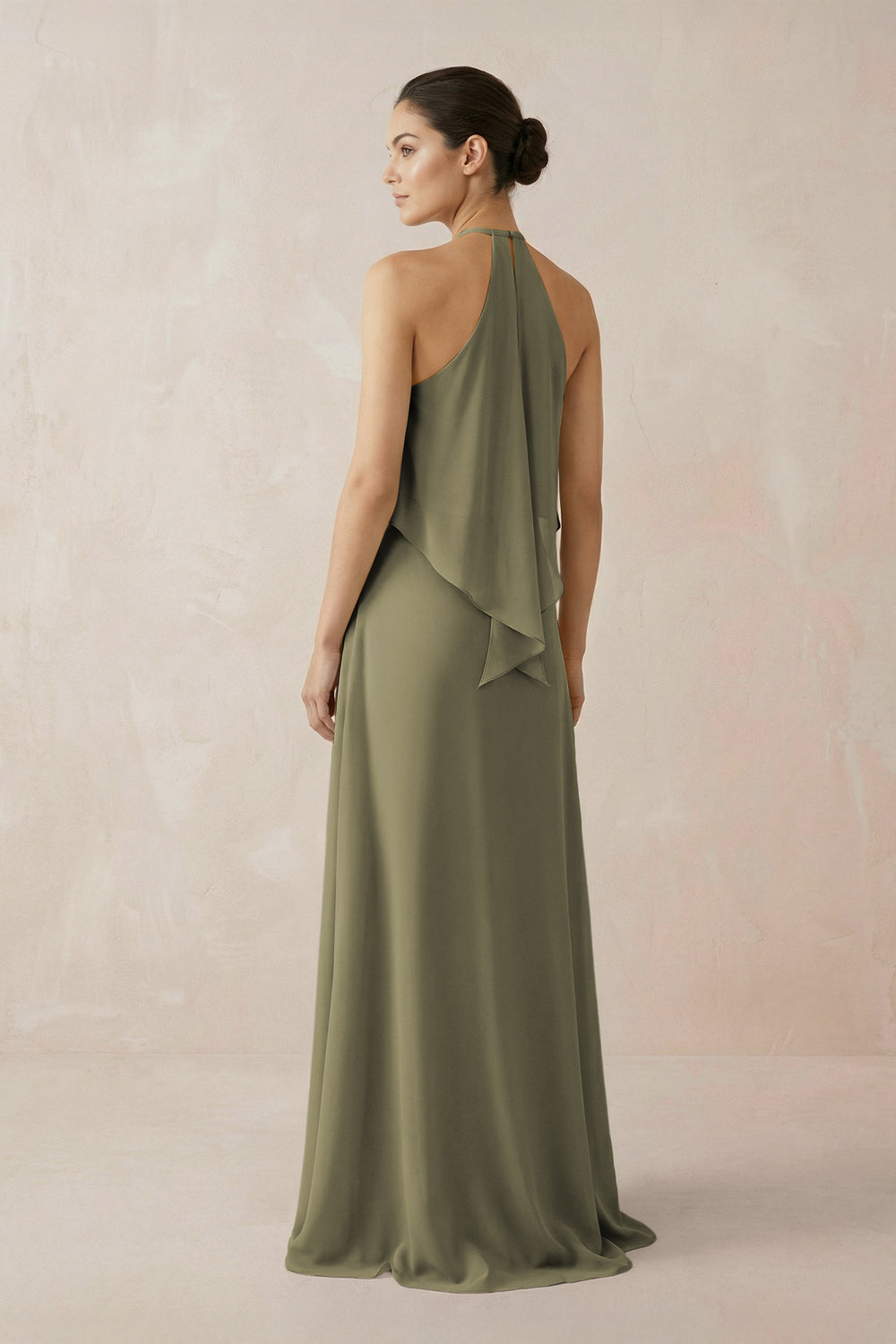 Halter Sheath Ruffled Chiffon Bridesmaid Dress in Thyme