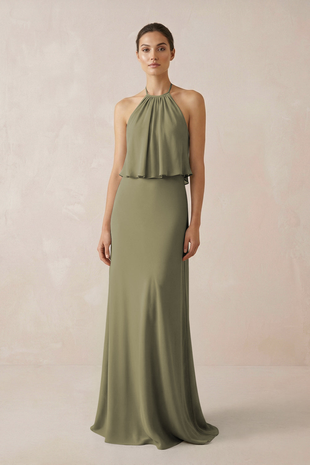 Halter Sheath Ruffled Chiffon Bridesmaid Dress in Thyme