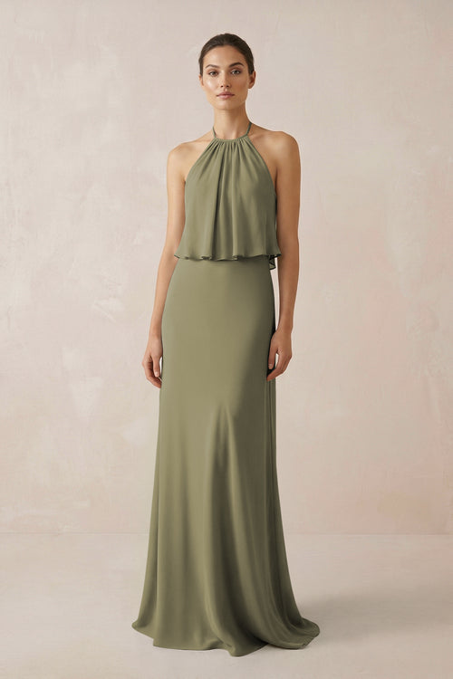 Thyme Halter Sheath Ruffled Chiffon Bridesmaid Dress | KISSBRIDAL