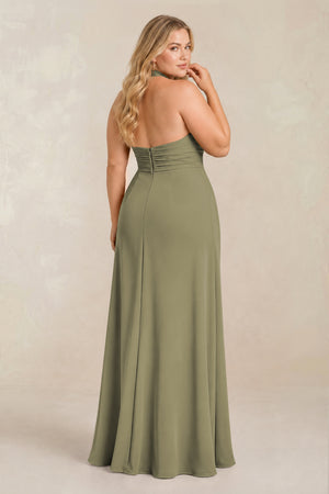 Thyme High Neck Chiffon Sheath Ruched Bridesmaid Dress (2) [sizeplus] | KISSBRIDAL
