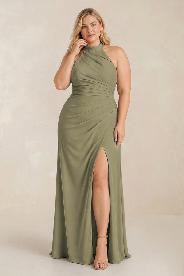 Thyme High Neck Chiffon Sheath Ruched Bridesmaid Dress [sizeplus] | KISSBRIDAL