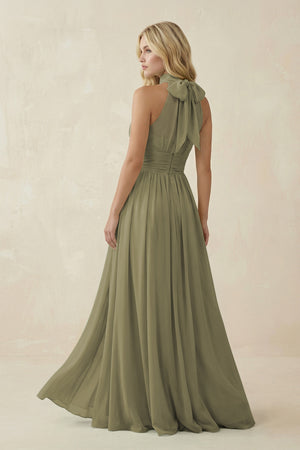 Thyme Illusion Halter A-Line Chiffon Bridesmaid Gown (2) | KISSBRIDAL