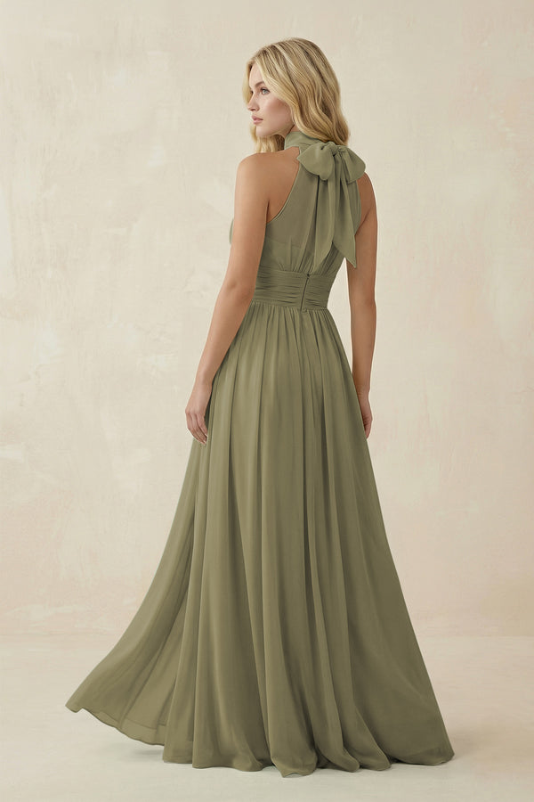 Thyme Illusion Halter A-Line Chiffon Bridesmaid Gown (2) | KISSBRIDAL