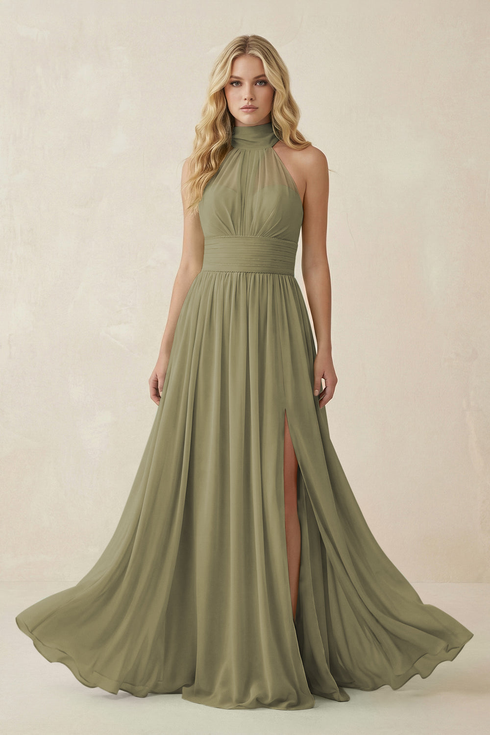 Illusion Halter A-Line Chiffon Bridesmaid Gown in Thyme