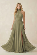 Thyme Illusion Halter A-Line Chiffon Bridesmaid Gown | KISSBRIDAL
