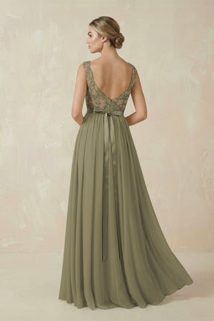Thyme Lace A-Line Bateau Neck Chiffon Long Bridesmaid Dress (2) | KISSBRIDAL