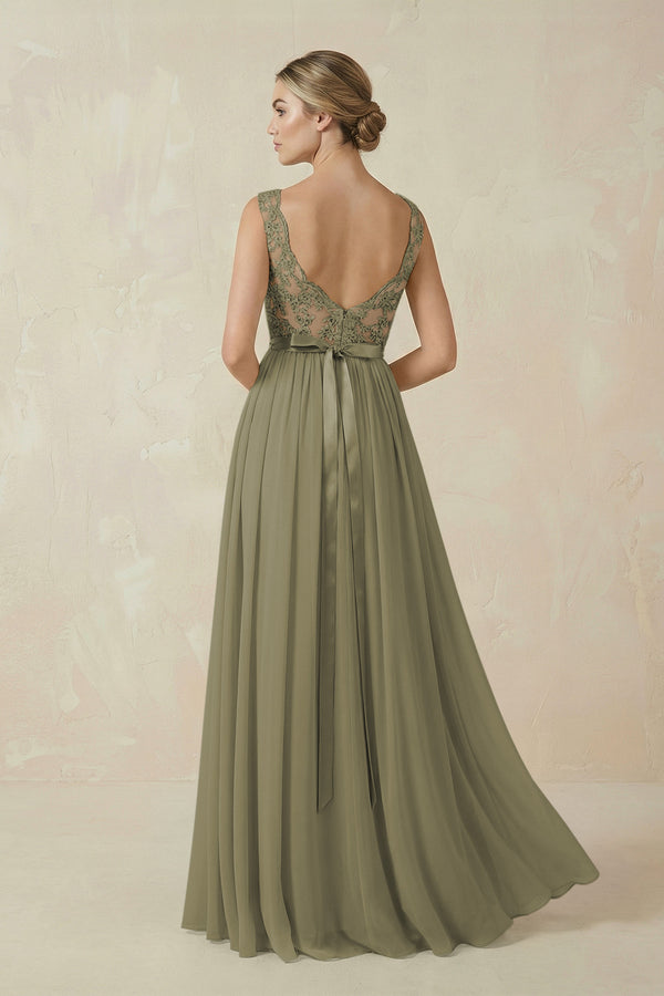 Thyme Lace A-Line Bateau Neck Chiffon Long Bridesmaid Dress (2) | KISSBRIDAL