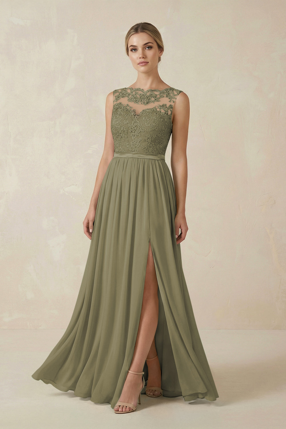 Lace A-Line Bateau Neck Chiffon Long Bridesmaid Dress in Thyme