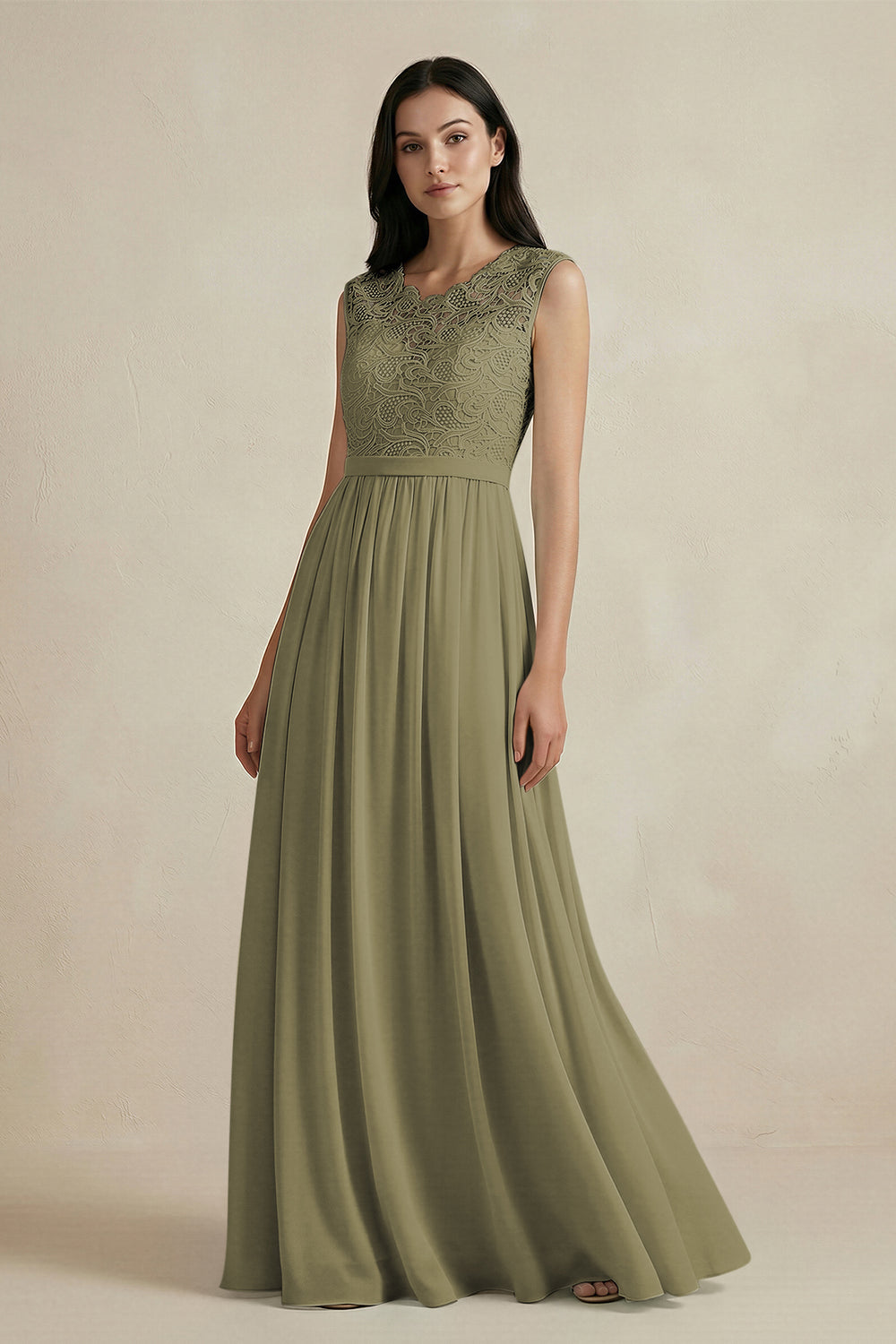 Lace Chiffon A-Line Round Neck Bridesmaid Dress in Thyme
