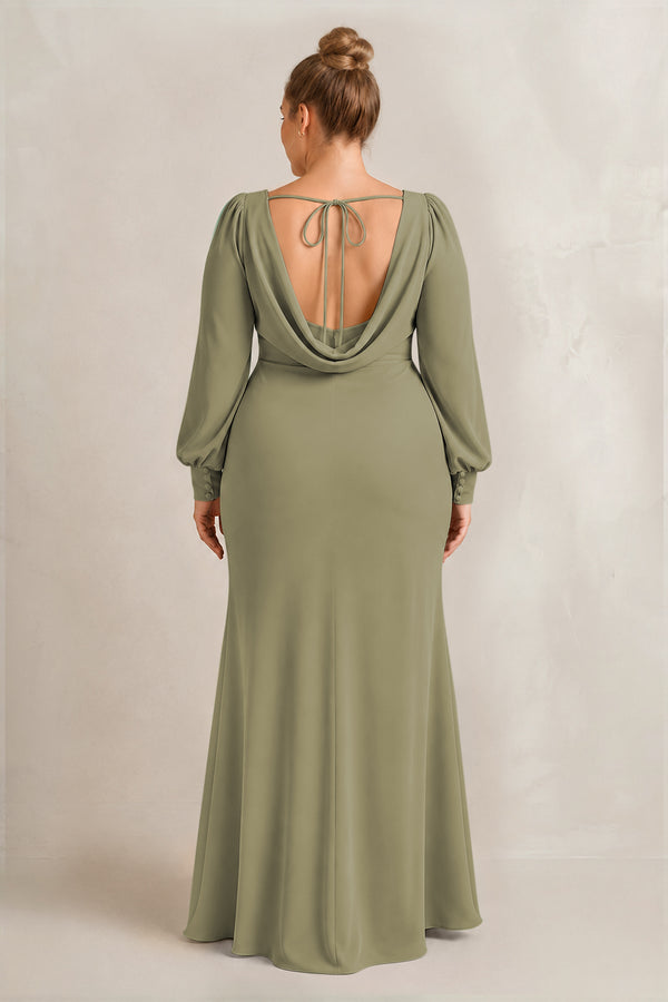 Thyme Long Sleeve V-Neck Sheath Chiffon Bridesmaid Dress (2) [sizeplus] | KISSBRIDAL