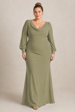 Thyme Long Sleeve V-Neck Sheath Chiffon Bridesmaid Dress [sizeplus] | KISSBRIDAL