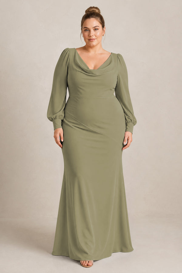 Thyme Long Sleeve V-Neck Sheath Chiffon Bridesmaid Dress [sizeplus] | KISSBRIDAL