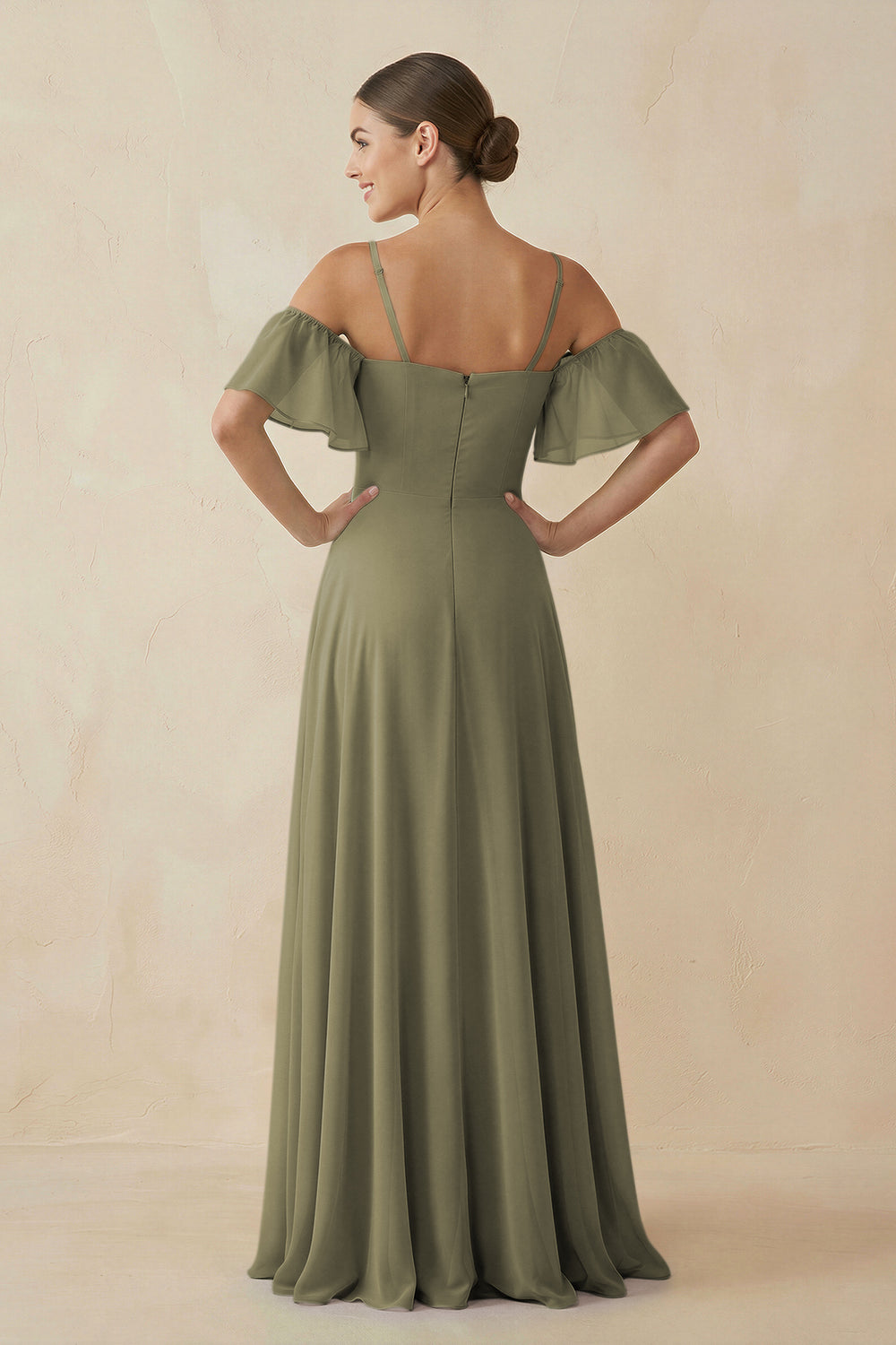 Off-the-Shoulder A-Line Chiffon Bridesmaid Dress in Thyme