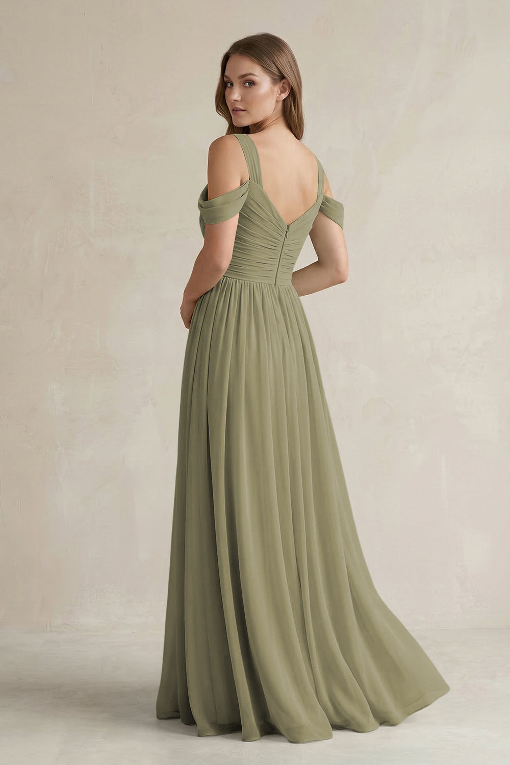 Off-the-Shoulder A-Line Chiffon Bridesmaid Dress With Slit in Thyme