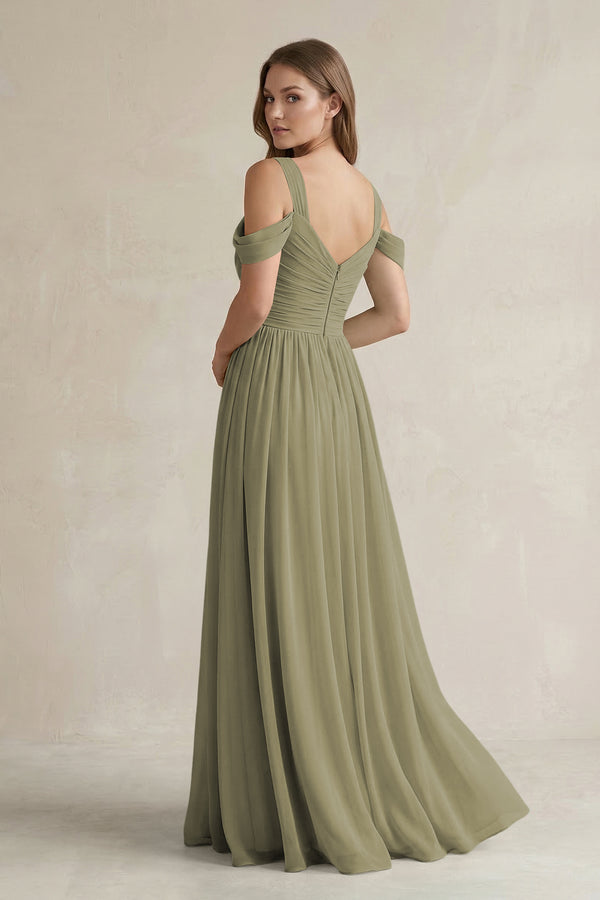 Thyme Off-the-Shoulder A-Line Chiffon Bridesmaid Dress With Slit (2) | KISSBRIDAL