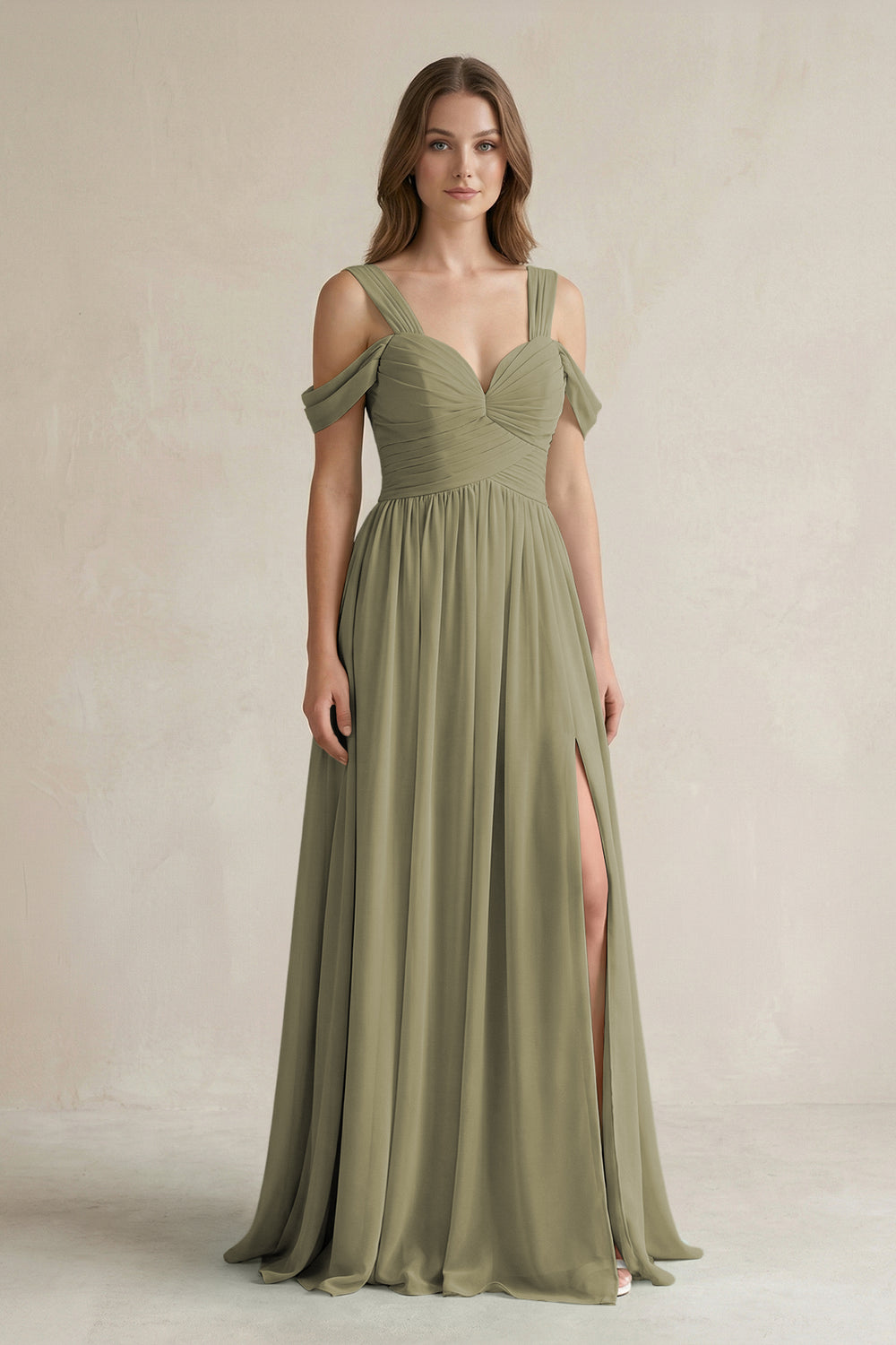 Off-the-Shoulder A-Line Chiffon Bridesmaid Dress With Slit in Thyme