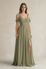 Thyme Off-the-Shoulder A-Line Chiffon Bridesmaid Dress With Slit | KISSBRIDAL