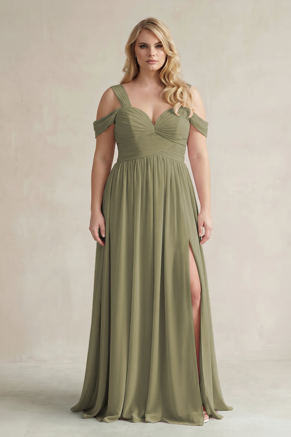 Thyme Off-the-Shoulder A-Line Chiffon Bridesmaid Dress With Slit | KISSBRIDAL