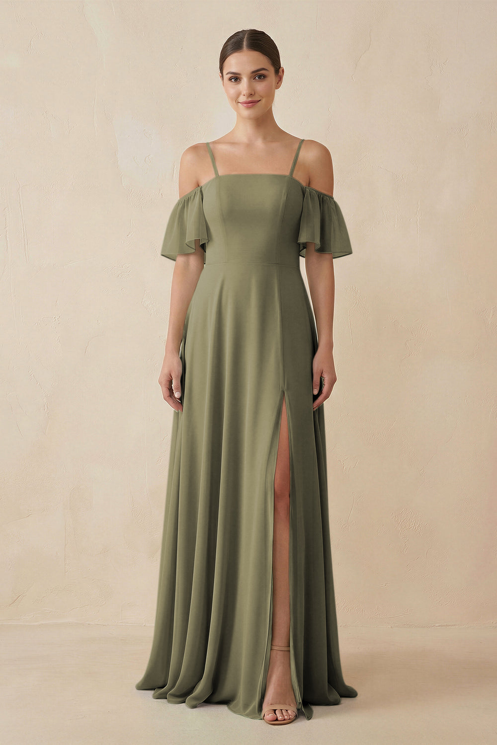 Off-the-Shoulder A-Line Chiffon Bridesmaid Dress in Thyme