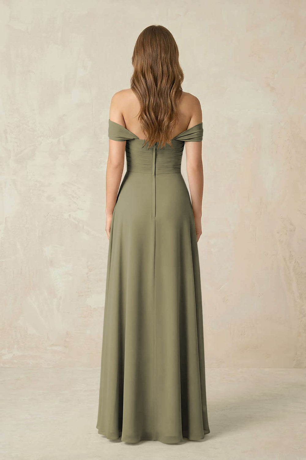 Off-the-Shoulder A-Line Chiffon Pleated Bridesmaid Dress in Thyme