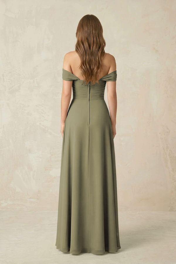 Thyme Off-the-Shoulder A-Line Chiffon Pleated Bridesmaid Dress (2) | KISSBRIDAL