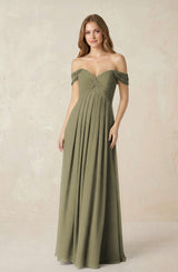 Thyme Off-the-Shoulder A-Line Chiffon Pleated Bridesmaid Dress | KISSBRIDAL
