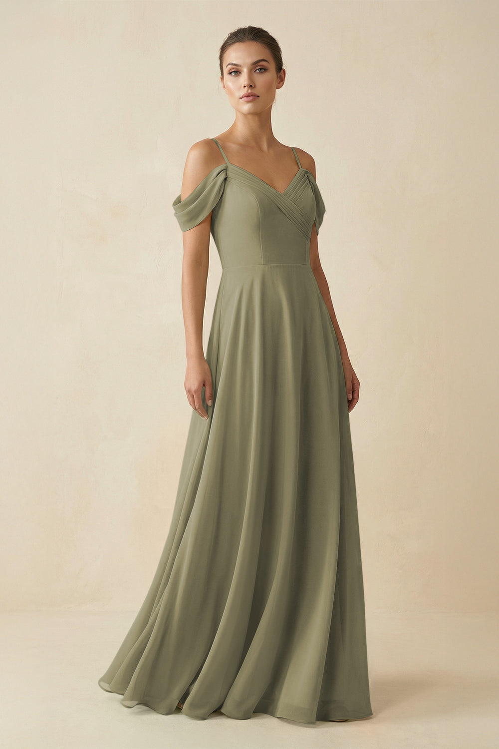 Off-the-Shoulder A-Line Pleated Chiffon Bridesmaid Gown in Thyme