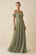 Thyme Off-the-Shoulder A-Line Pleated Chiffon Bridesmaid Gown | KISSBRIDAL