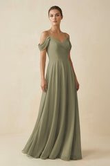 Thyme Off-the-Shoulder A-Line Pleated Chiffon Bridesmaid Gown | KISSBRIDAL