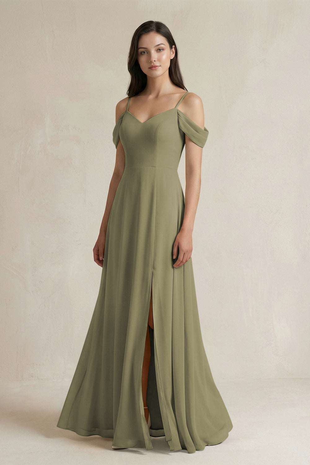 Off-the-Shoulder Chiffon A-Line Bridesmaid Dress in Thyme
