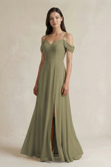 Thyme Off-the-Shoulder Chiffon A-Line Bridesmaid Dress | KISSBRIDAL