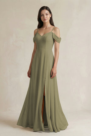 Thyme Off-the-Shoulder Chiffon A-Line Bridesmaid Dress | KISSBRIDAL