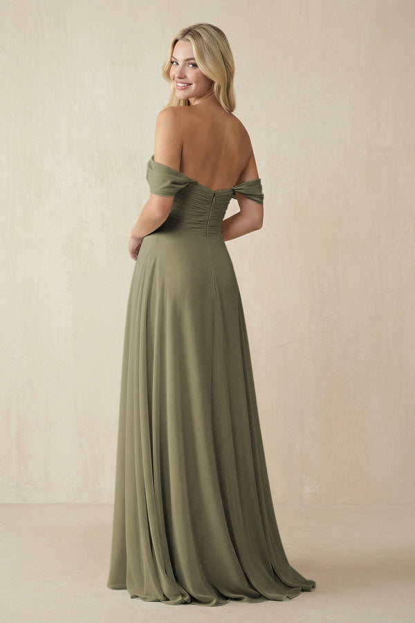Thyme Off-the-Shoulder Chiffon A-Line Long Bridesmaid Dress (2) | KISSBRIDAL