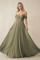 Thyme Off-the-Shoulder Chiffon A-Line Long Bridesmaid Dress | KISSBRIDAL