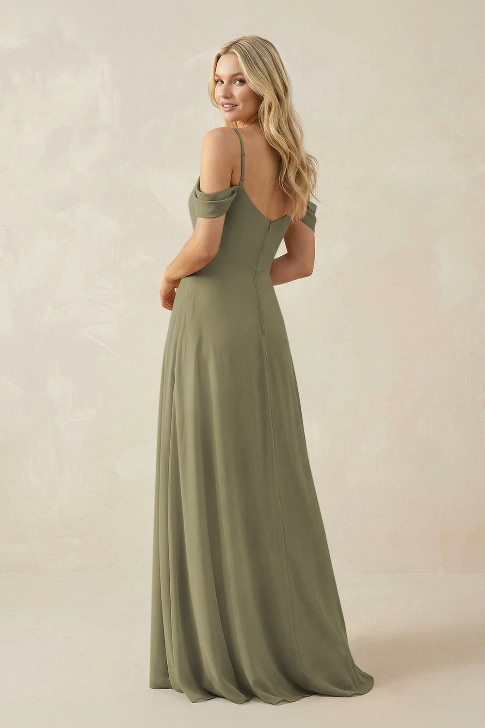 Off-the-Shoulder Chiffon A-Line Maxi Bridesmaid Dress in Thyme