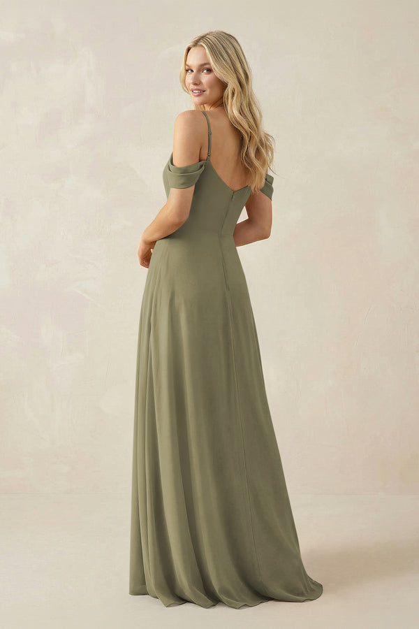 Thyme Off-the-Shoulder Chiffon A-Line Maxi Bridesmaid Dress (2) | KISSBRIDAL