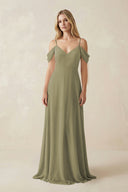 Thyme Off-the-Shoulder Chiffon A-Line Maxi Bridesmaid Dress | KISSBRIDAL