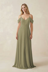 Thyme Off-the-Shoulder Chiffon A-Line Maxi Bridesmaid Dress | KISSBRIDAL