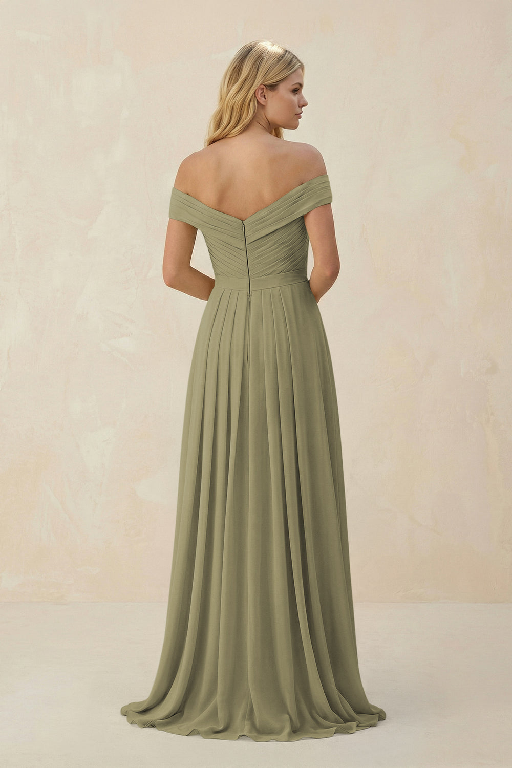 Off-the-Shoulder Pleated A-Line Chiffon Bridesmaid Dress in Thyme