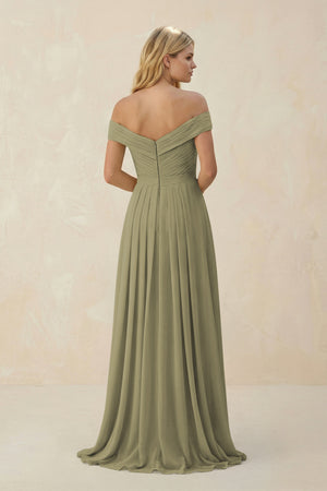 Thyme Off-the-Shoulder Pleated A-Line Chiffon Bridesmaid Dress (2) | KISSBRIDAL