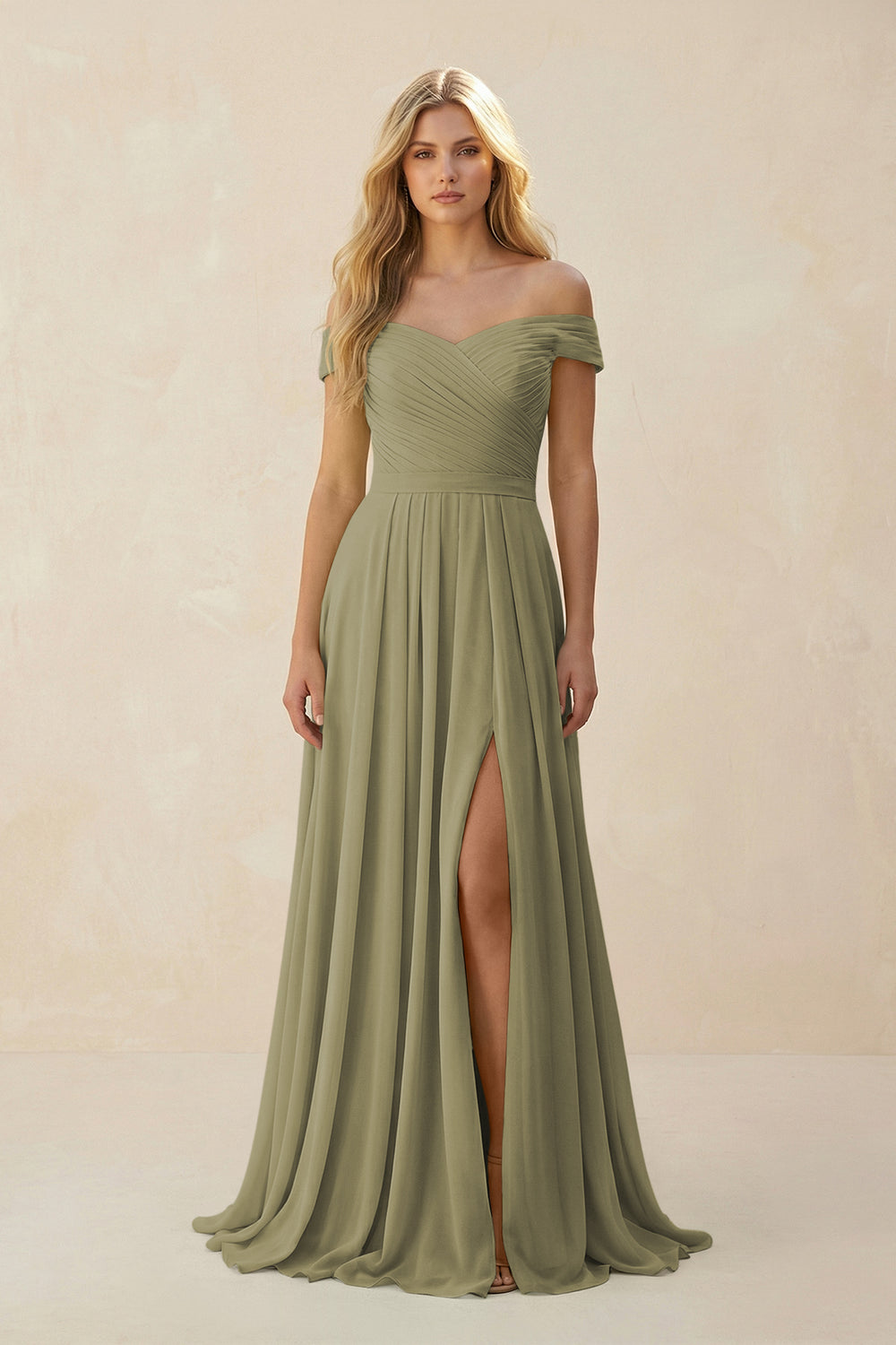 Off-the-Shoulder Pleated A-Line Chiffon Bridesmaid Dress in Thyme