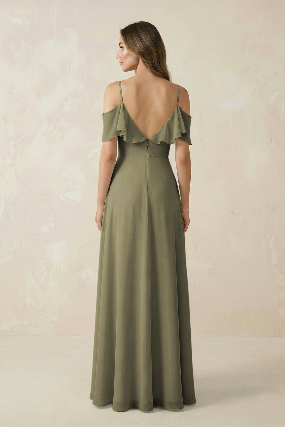 Off-the-Shoulder Ruffled A-Line Chiffon Bridesmaid Dress in Thyme