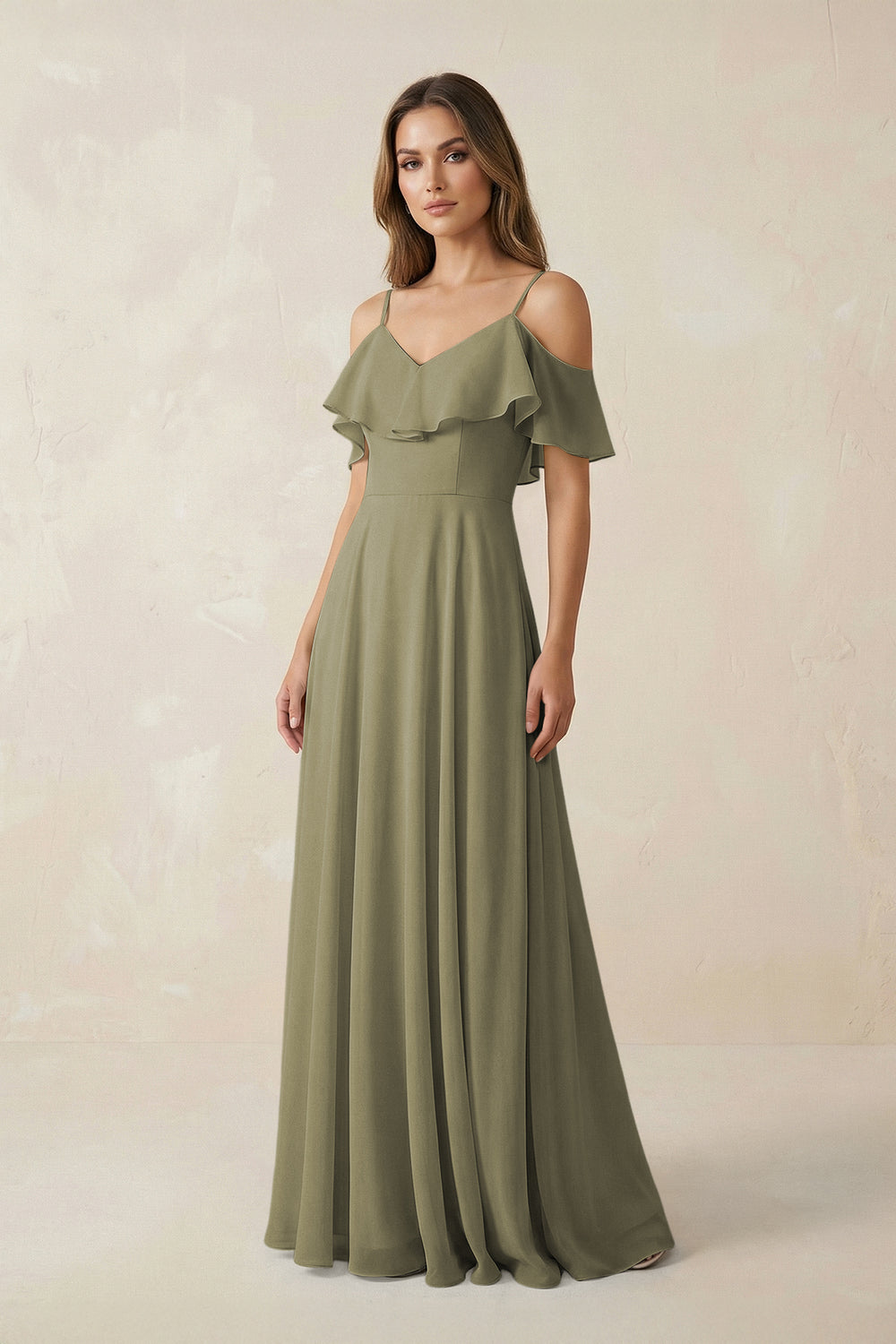 Off-the-Shoulder Ruffled A-Line Chiffon Bridesmaid Dress in Thyme