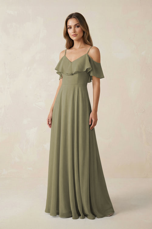 Thyme Off-the-Shoulder Ruffled A-Line Chiffon Bridesmaid Dress | KISSBRIDAL