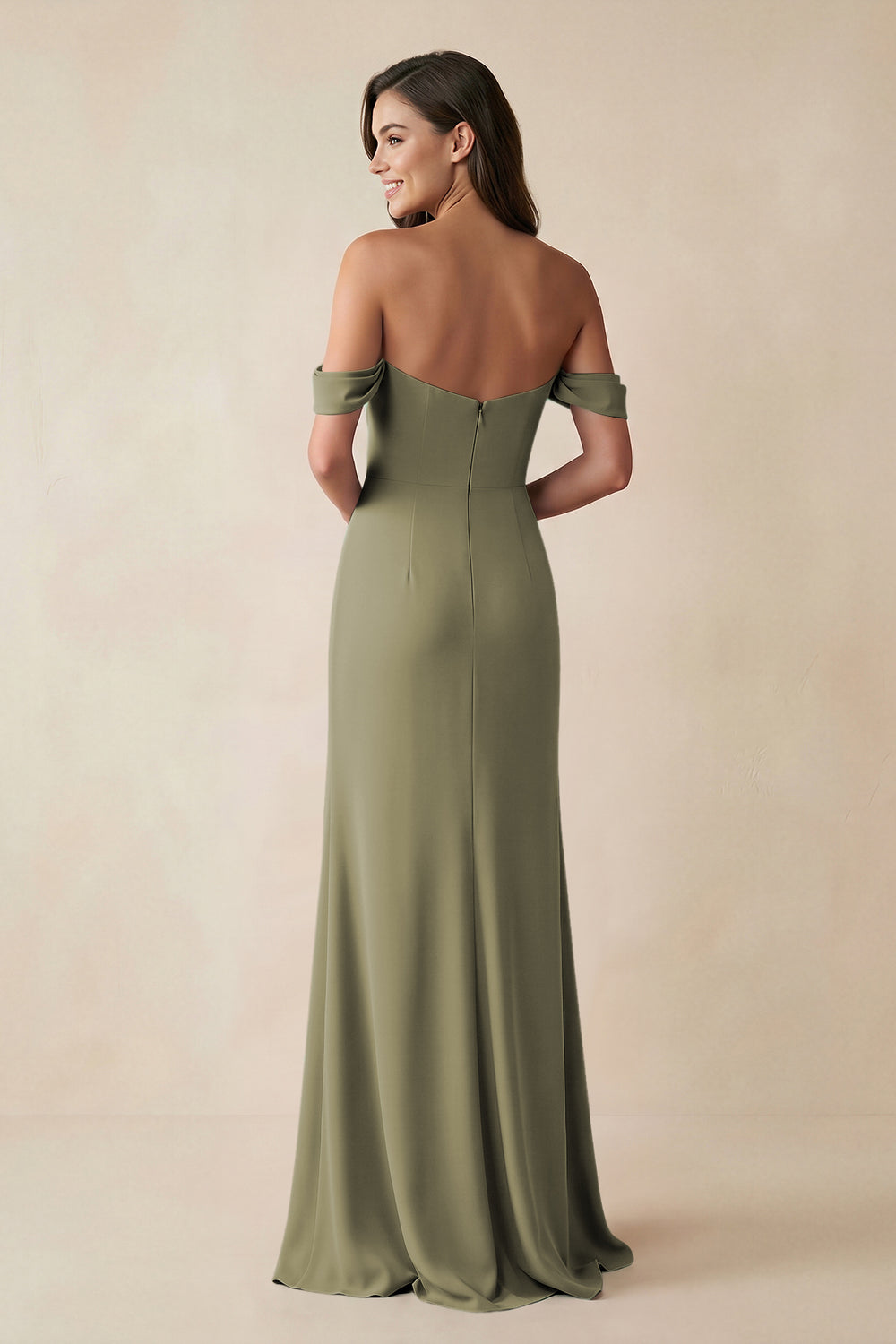 Off-the-Shoulder Sheath Bridesmaid Dress with Slit in Thyme