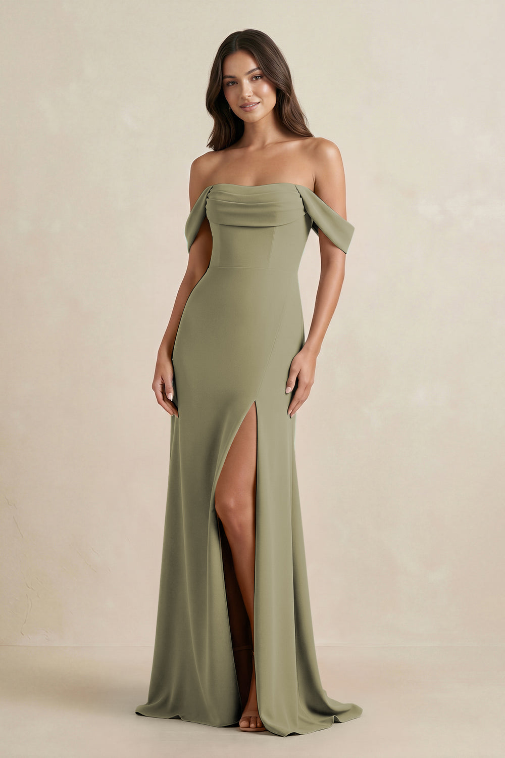 Off-the-Shoulder Sheath Bridesmaid Dress with Slit in Thyme