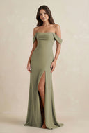 Thyme Off-the-Shoulder Sheath Bridesmaid Dress with Slit | KISSBRIDAL