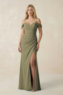 Thyme Off-the-Shoulder Sheath Chiffon Ruched Bridesmaid Dress | KISSBRIDAL